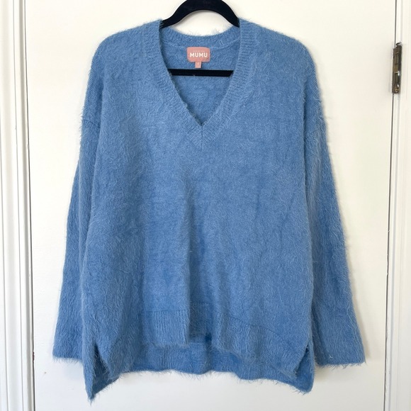 Show Me Your Mumu Cozy Forever Sweater Light Blue Fuzzy V Neck Size Small - Picture 2 of 8